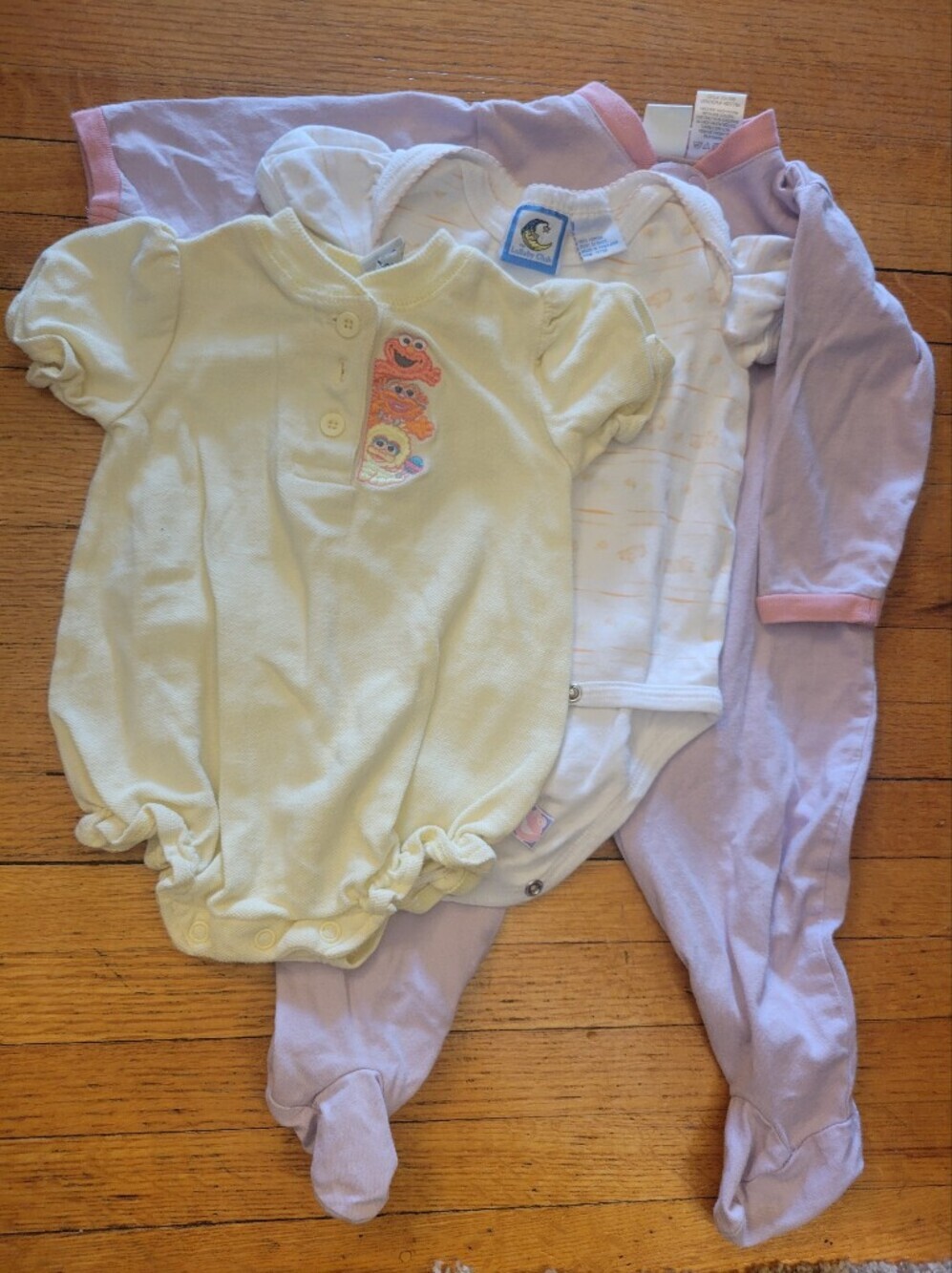 Vintage Baby One-Piece Set in Pale Yellow, White, and Light Purple